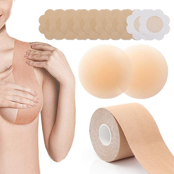 Boob Tape Breast Lift Athletic Tape Boobytape 1 Roll 2" x 16Ft and 2 Breast Petals Reusable Adhesive Bra,10 Disposable Round Nipple Shields fit for A-E Cup large breasts SOON GO Beige